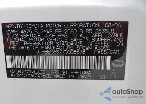 2007 Lexus Gs 350 from USA, damaged, VIN JTHBE96S770008578